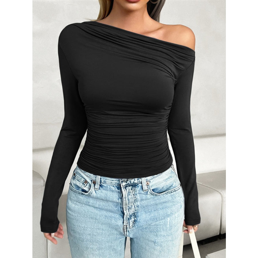 Ruched One Shoulder Long Sleeve T-Shirt Black / S Apparel and Accessories
