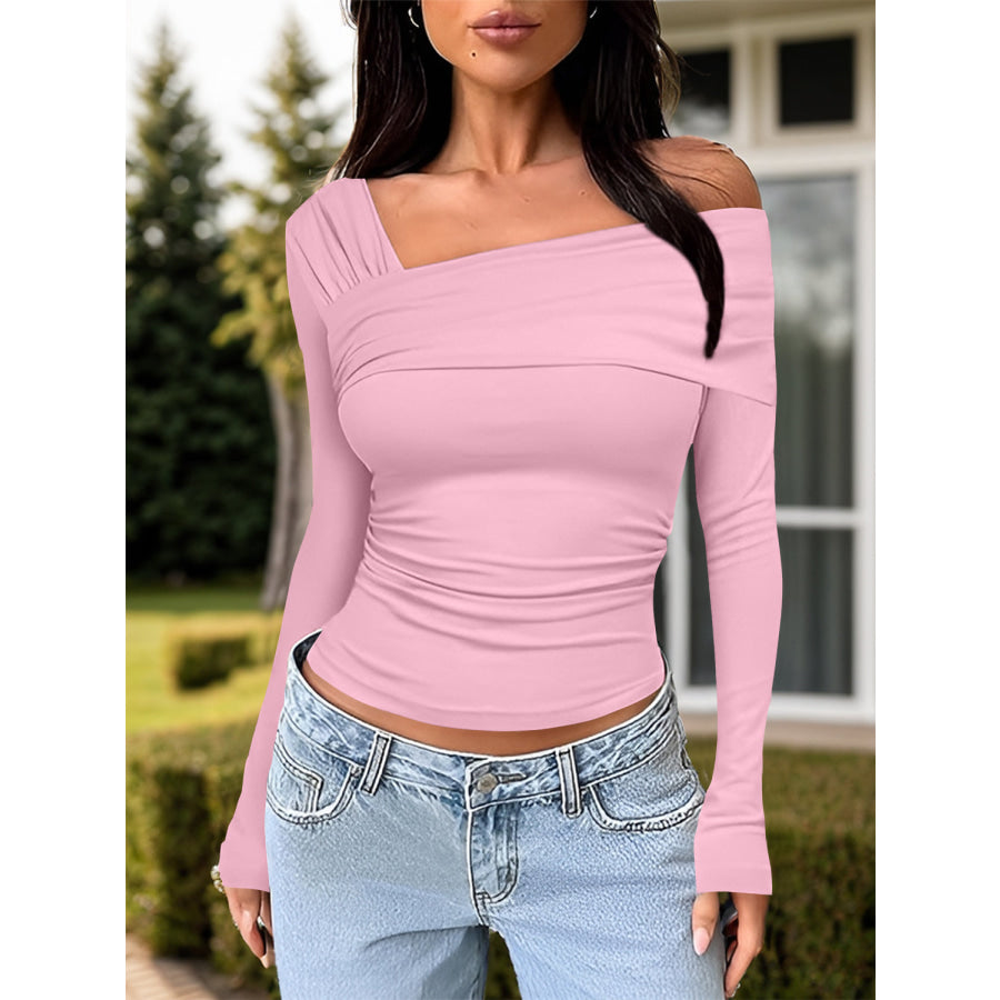 Ruched One Shoulder Long Sleeve T-Shirt Blush Pink / S Apparel and Accessories