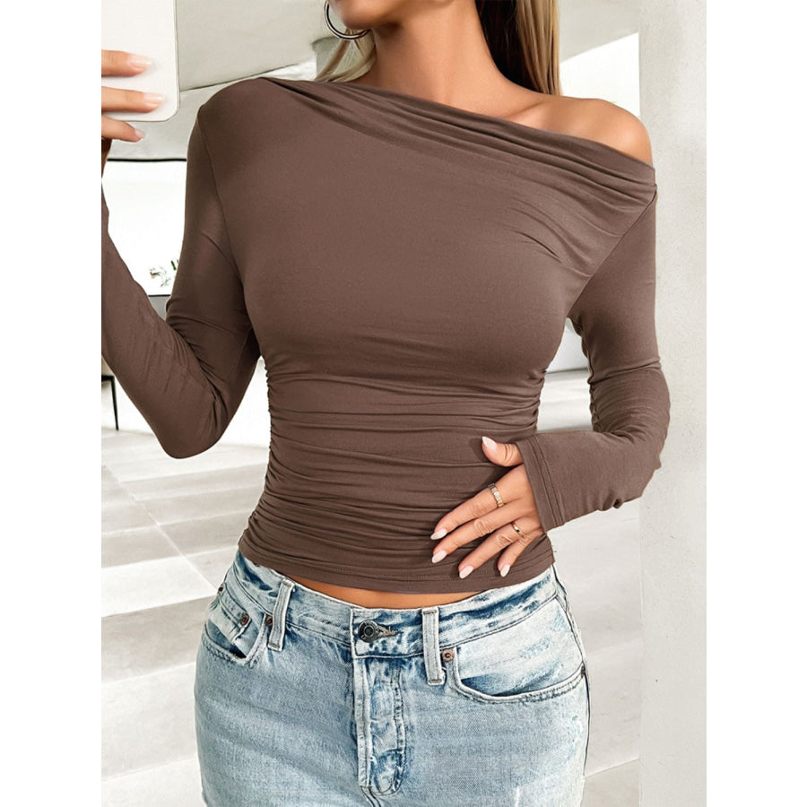 Ruched One Shoulder Long Sleeve T-Shirt Brown / S Apparel and Accessories
