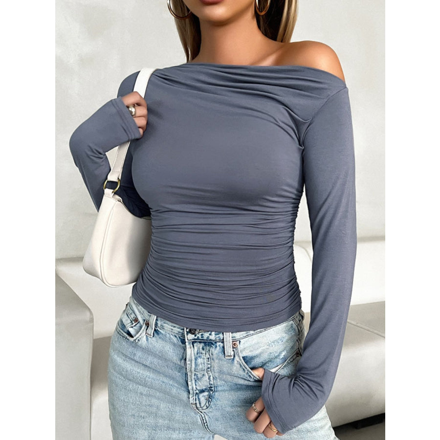 Ruched One Shoulder Long Sleeve T-Shirt Dusty Blue / S Apparel and Accessories