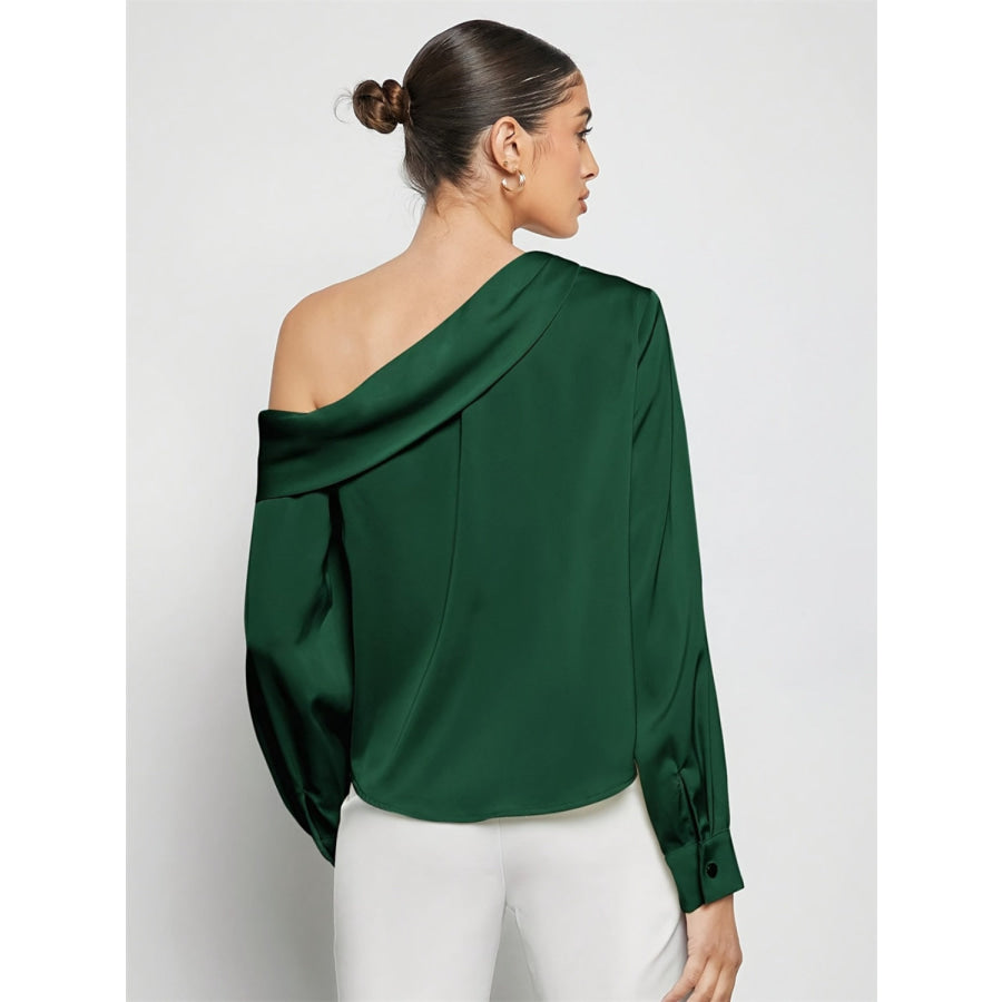 Ruched One Shoulder Long Sleeve Top Dark Green / S Apparel and Accessories