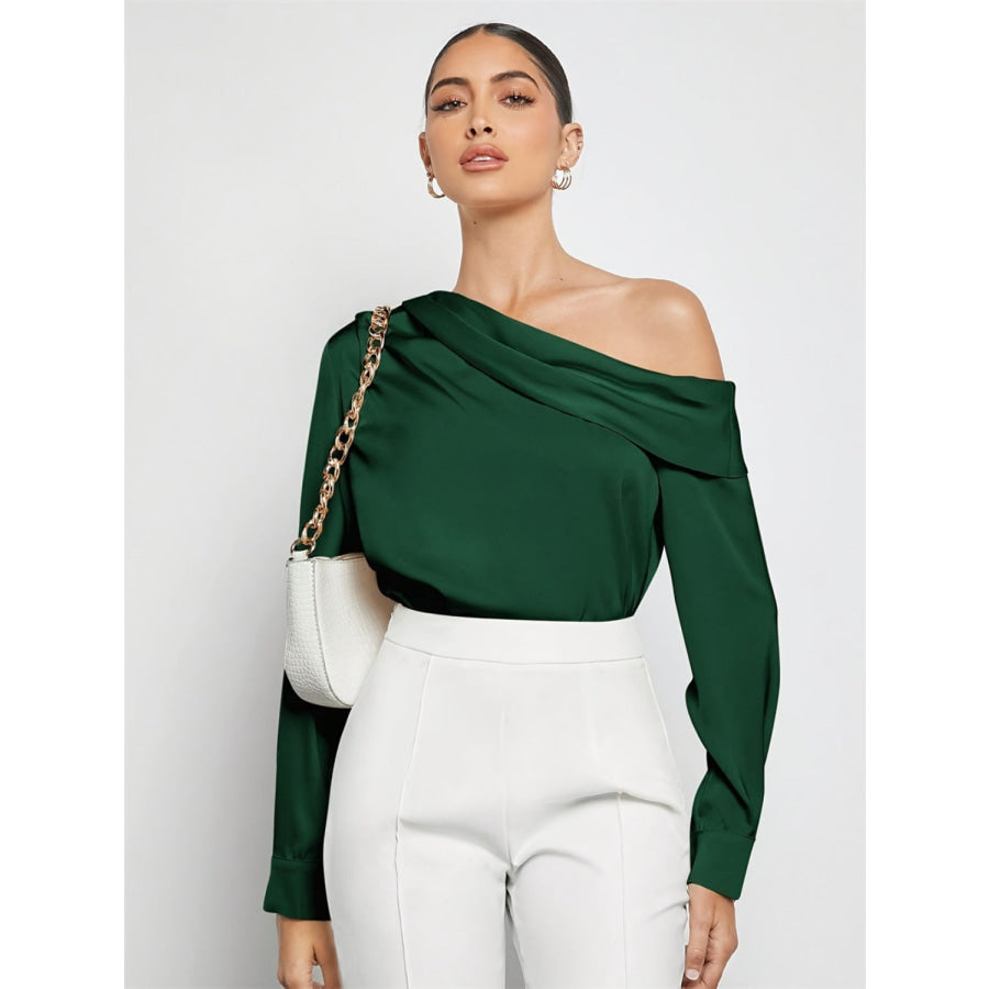 Ruched One Shoulder Long Sleeve Top Dark Green / S Apparel and Accessories