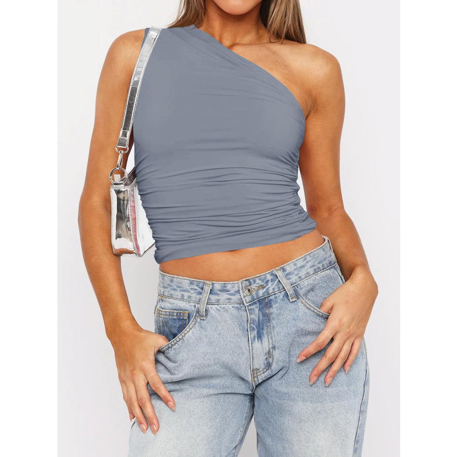 Ruched One Shoulder Tank Blue-Gray / XS Apparel and Accessories