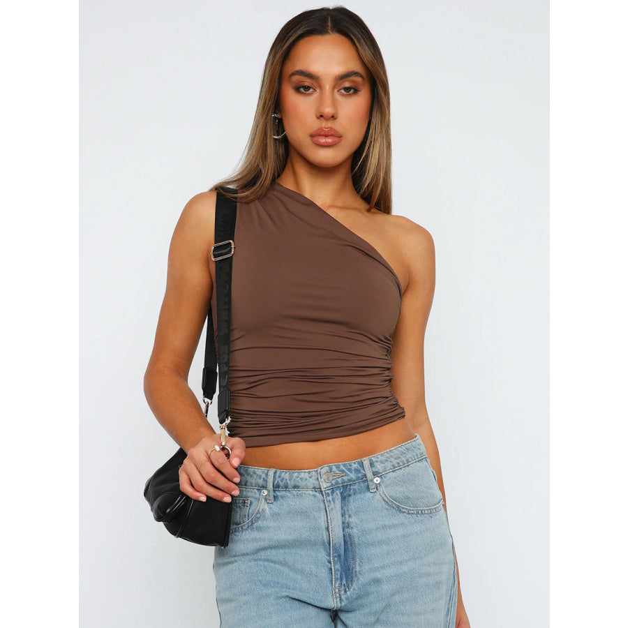 Ruched One Shoulder Tank Dark Brown / XS Apparel and Accessories