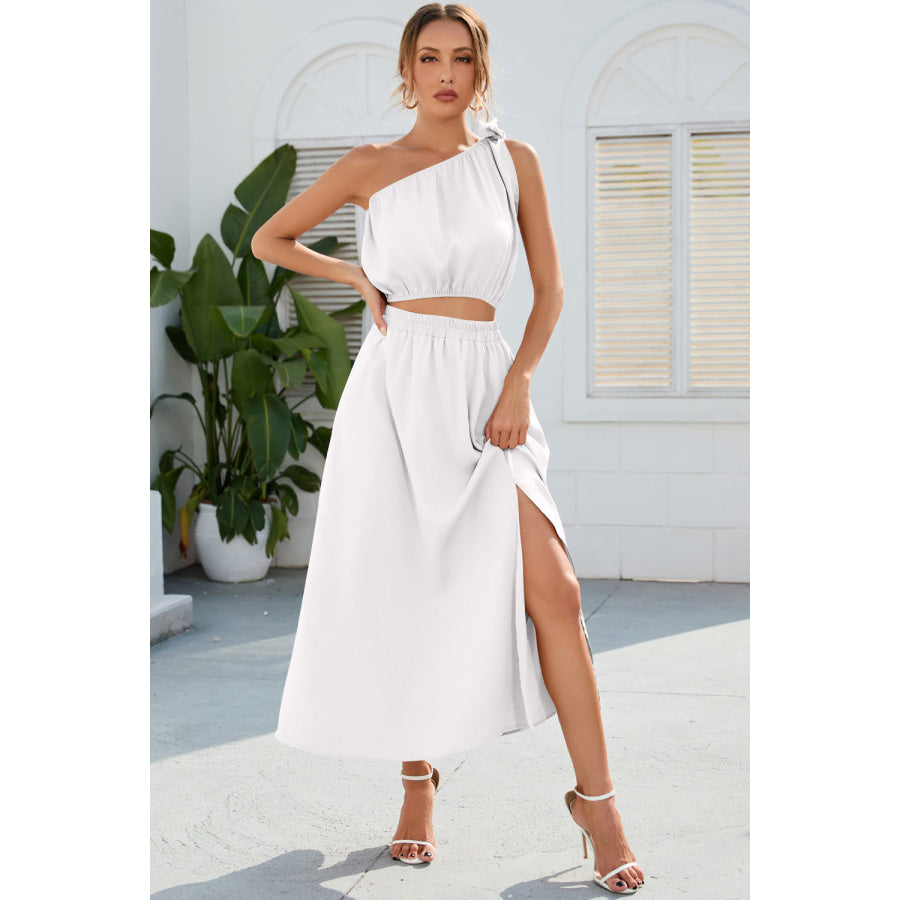 Ruched One Shoulder Top and Slit Skirt Set Apparel and Accessories