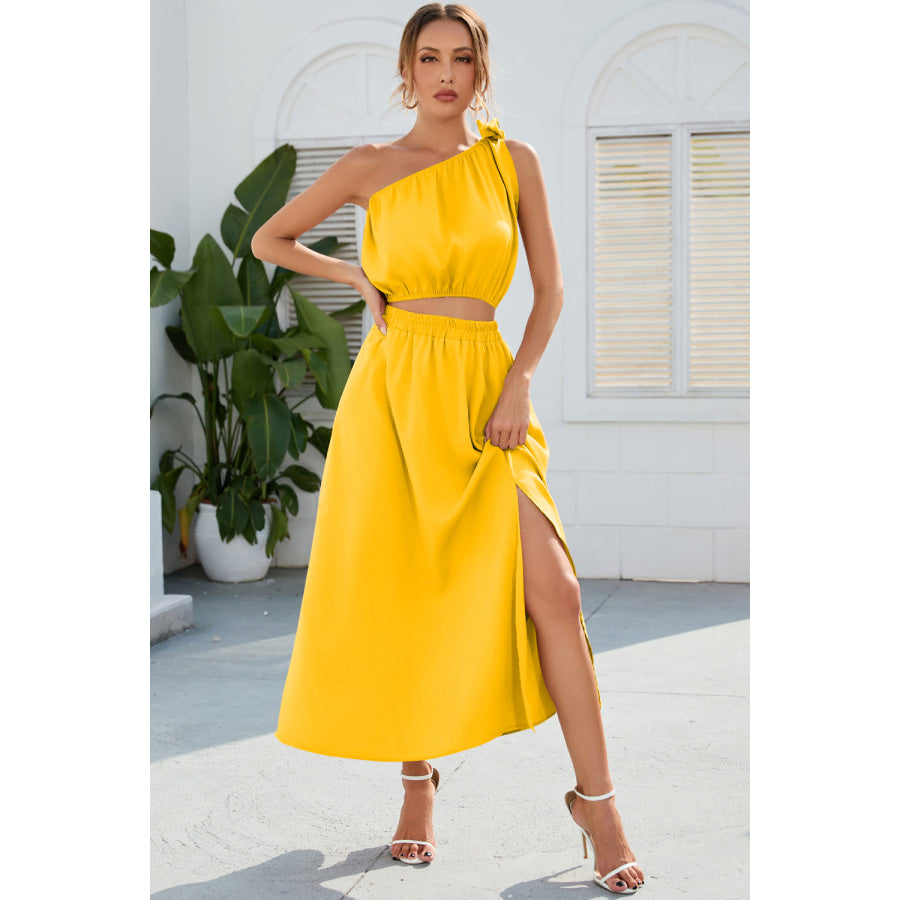 Ruched One Shoulder Top and Slit Skirt Set Apparel and Accessories