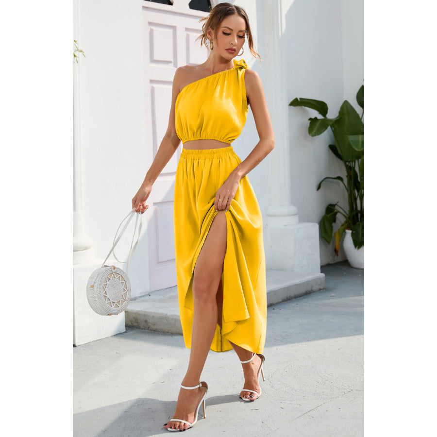 Ruched One Shoulder Top and Slit Skirt Set Apparel and Accessories