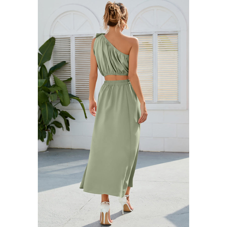 Ruched One Shoulder Top and Slit Skirt Set Sage / S Apparel and Accessories