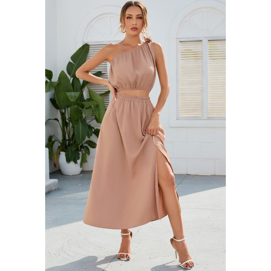 Ruched One Shoulder Top and Slit Skirt Set Apparel and Accessories