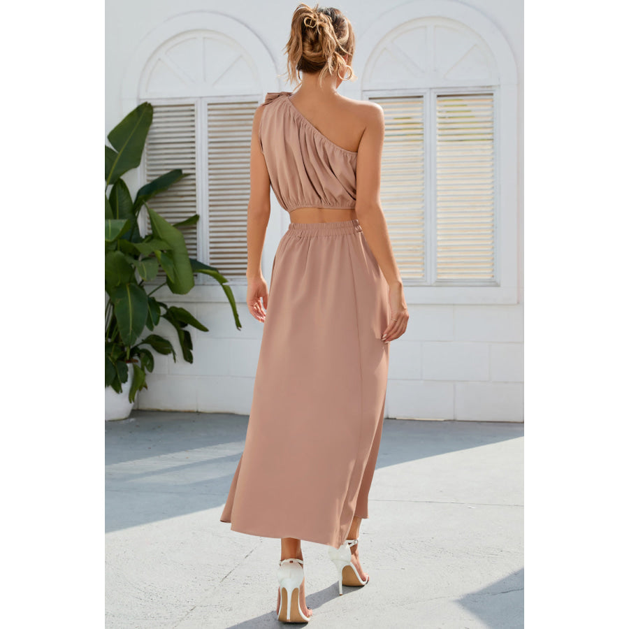 Ruched One Shoulder Top and Slit Skirt Set Apparel and Accessories