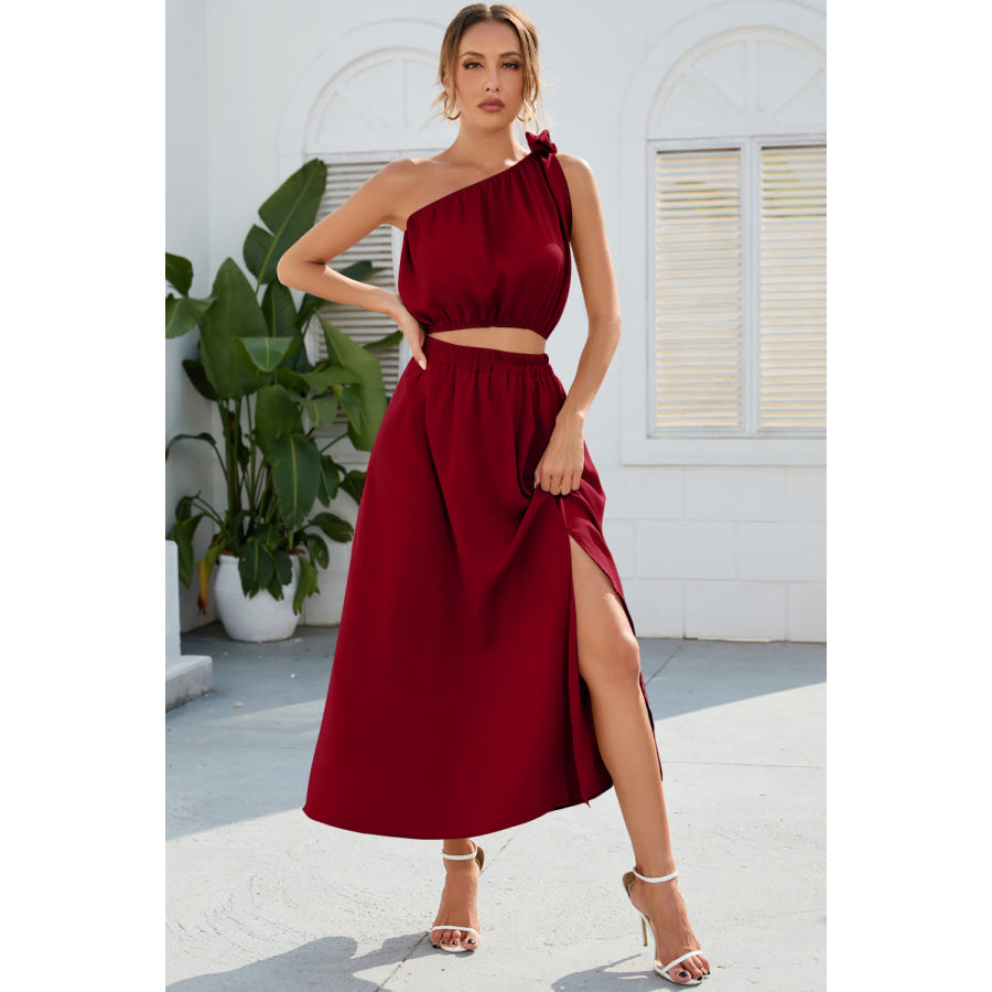 Ruched One Shoulder Top and Slit Skirt Set Apparel and Accessories