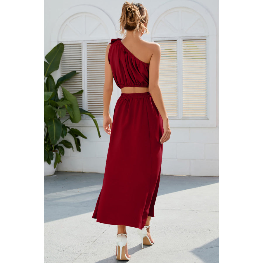 Ruched One Shoulder Top and Slit Skirt Set Apparel and Accessories