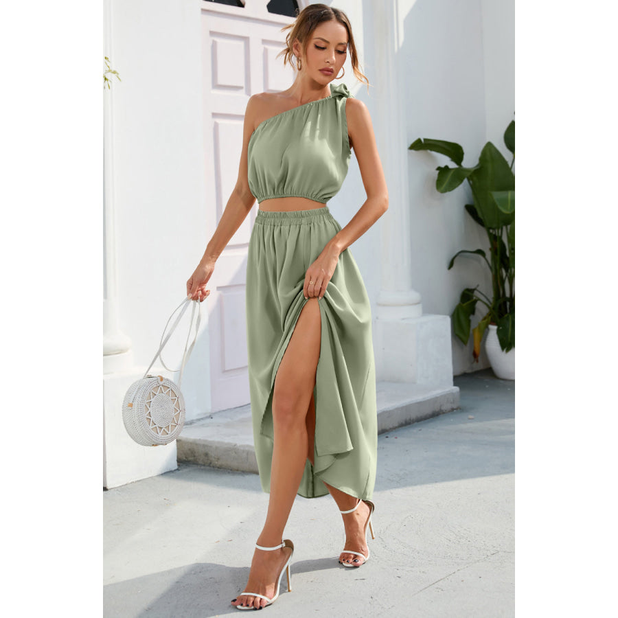 Ruched One Shoulder Top and Slit Skirt Set Apparel and Accessories