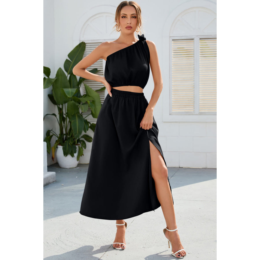 Ruched One Shoulder Top and Slit Skirt Set Black / S Apparel and Accessories