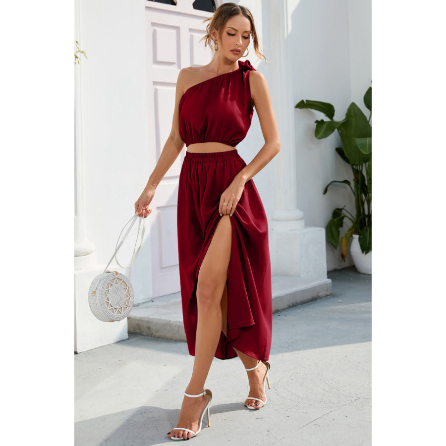 Ruched One Shoulder Top and Slit Skirt Set Burgundy / S Apparel and Accessories