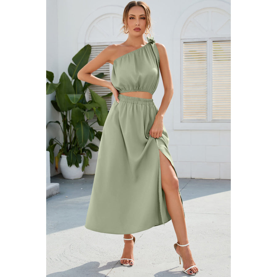 Ruched One Shoulder Top and Slit Skirt Set Sage / S Apparel and Accessories