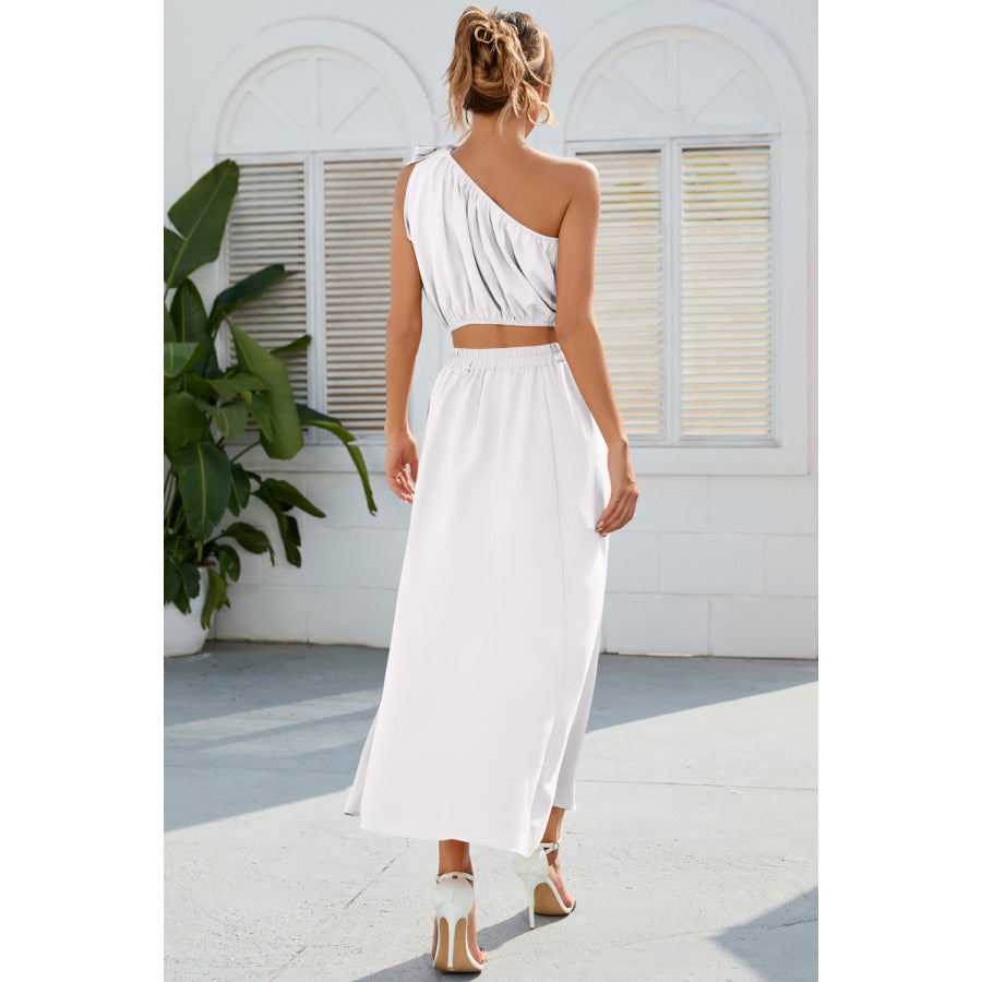 Ruched One Shoulder Top and Slit Skirt Set White / S Apparel and Accessories