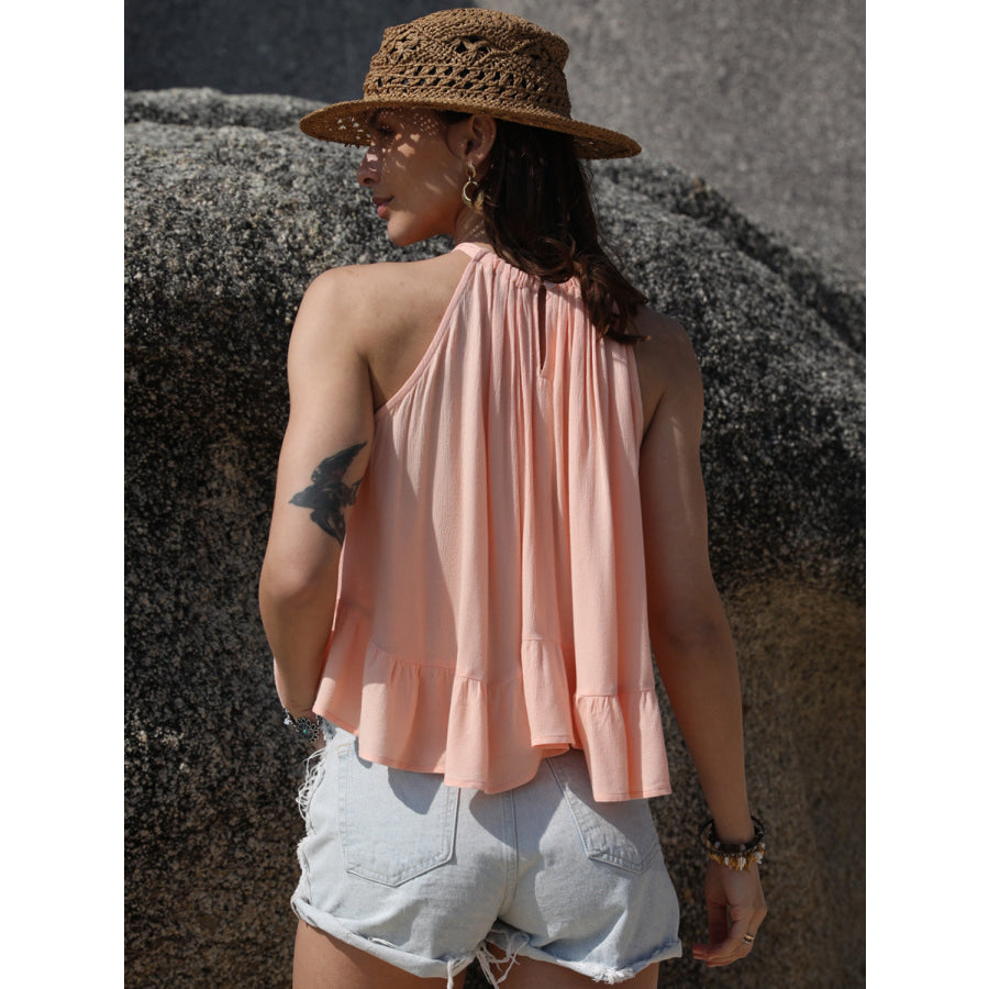 Ruched Peplum Round Neck Tank Blush Pink / S Apparel and Accessories