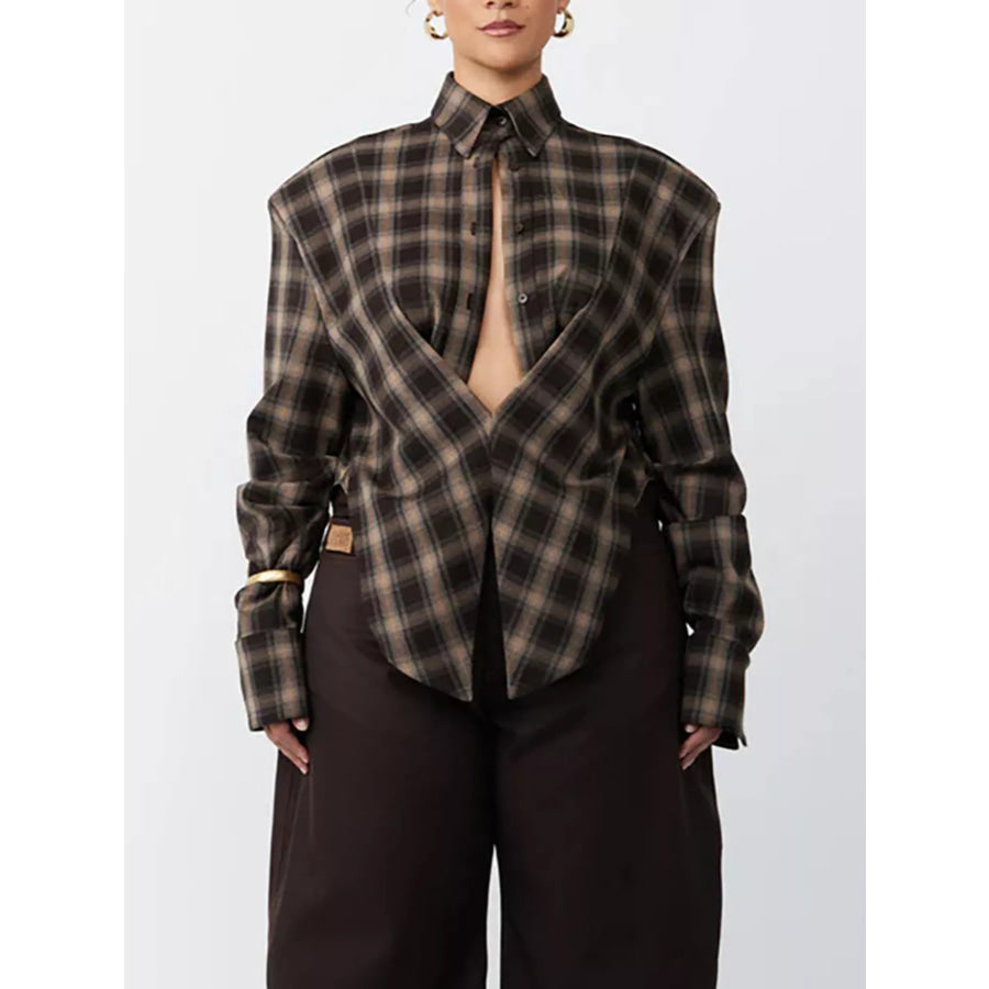 Ruched Plaid Long Sleeve Shirt Apparel and Accessories