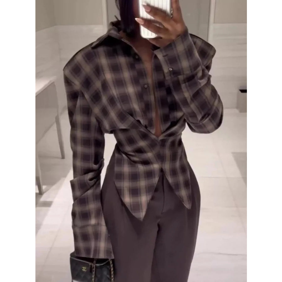Ruched Plaid Long Sleeve Shirt Apparel and Accessories