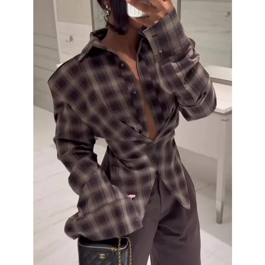 Ruched Plaid Long Sleeve Shirt Plaid / S Apparel and Accessories