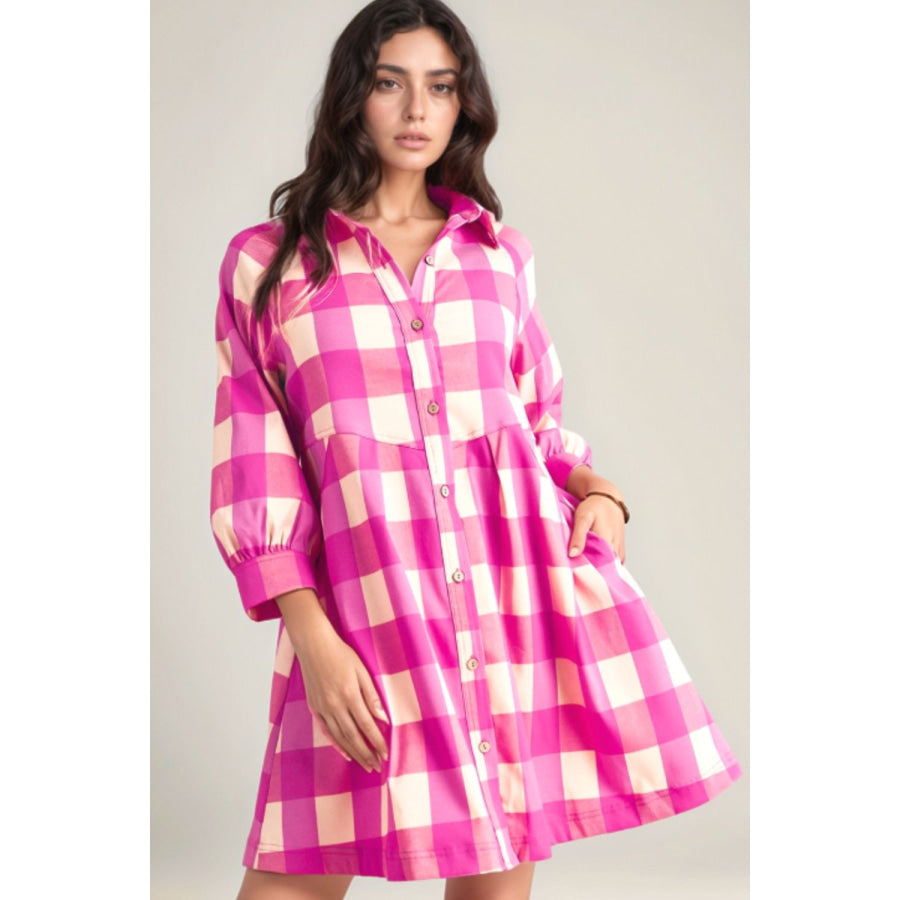 Ruched Plaid Three-Quarter Sleeve Shirt Dress Apparel and Accessories