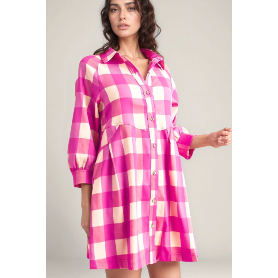 Ruched Plaid Three-Quarter Sleeve Shirt Dress Apparel and Accessories