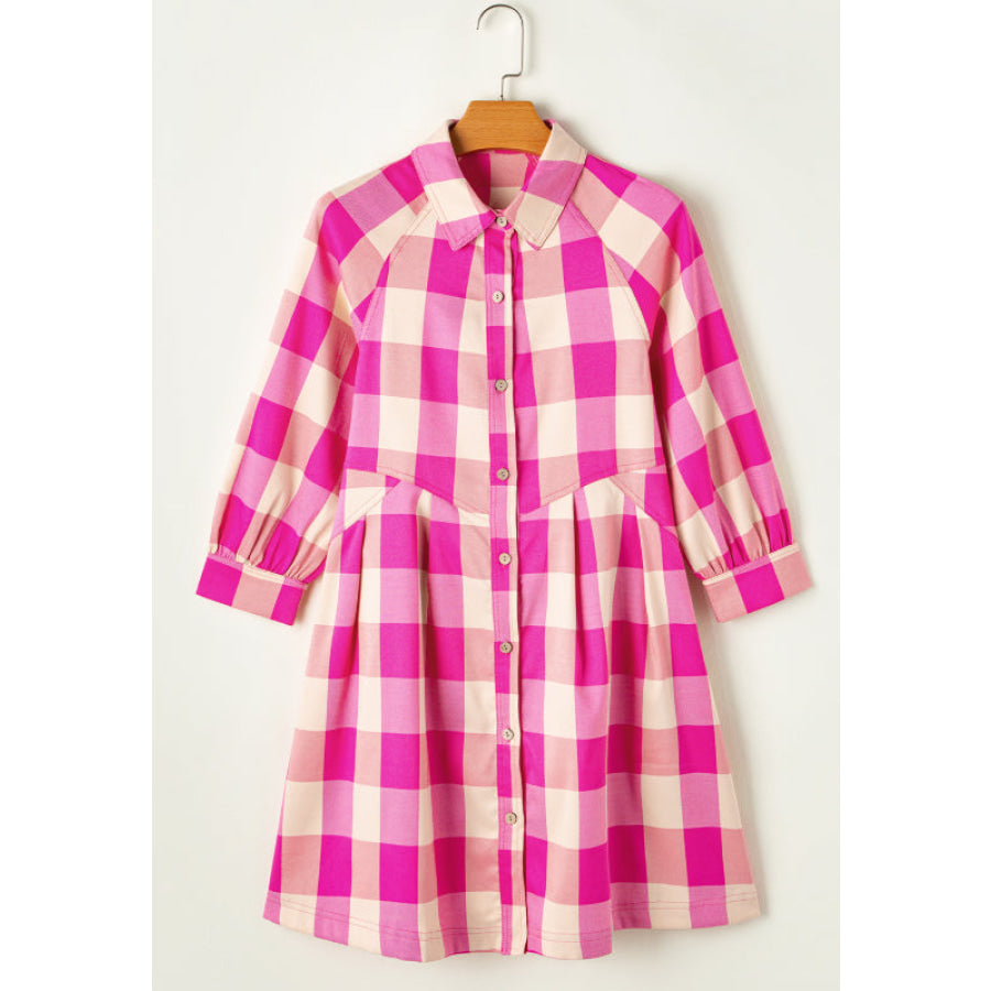 Ruched Plaid Three-Quarter Sleeve Shirt Dress Apparel and Accessories