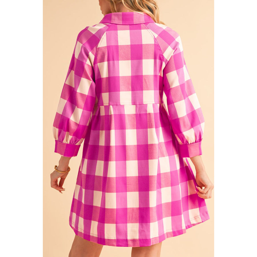 Ruched Plaid Three-Quarter Sleeve Shirt Dress Apparel and Accessories