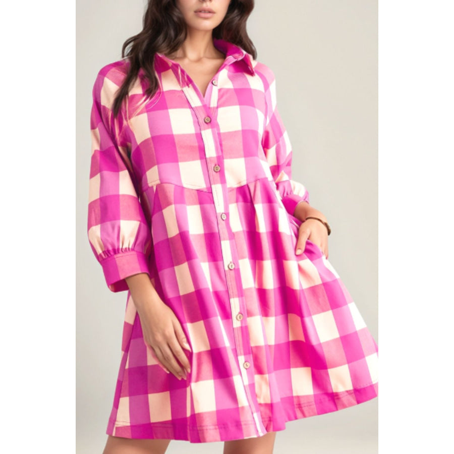 Ruched Plaid Three-Quarter Sleeve Shirt Dress Hot Pink / S Apparel and Accessories