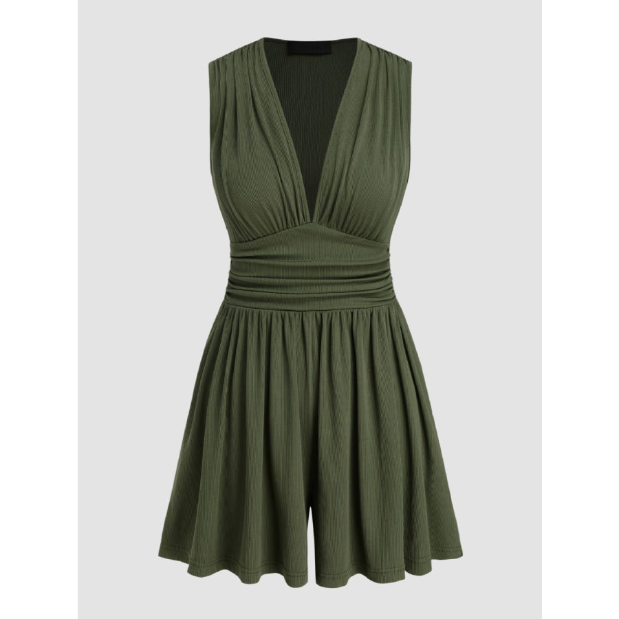 Ruched Plunge Sleeveless Romper Army Green / S Apparel and Accessories