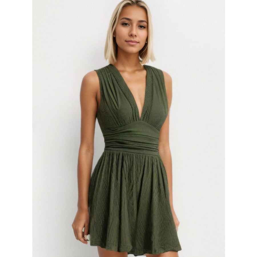 Ruched Plunge Sleeveless Romper Army Green / S Apparel and Accessories