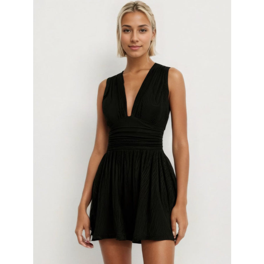 Ruched Plunge Sleeveless Romper Black / S Apparel and Accessories