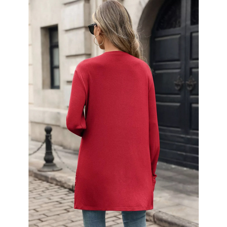 Ruched Pocket Open Front Cardigan Apparel and Accessories