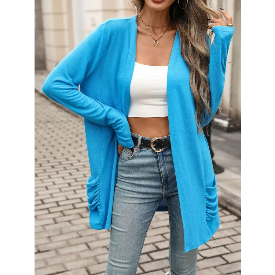 Ruched Pocket Open Front Cardigan Apparel and Accessories