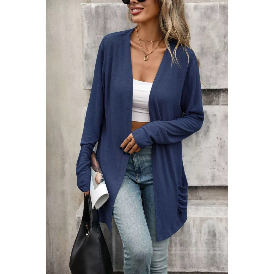 Ruched Pocket Open Front Cardigan Apparel and Accessories