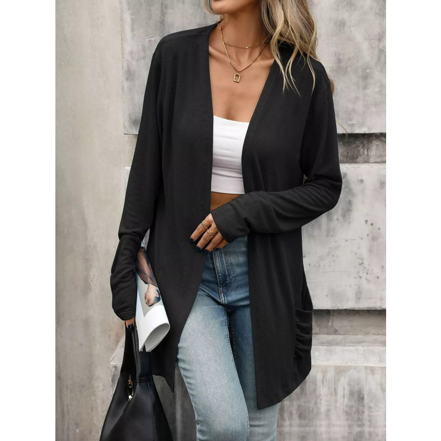 Ruched Pocket Open Front Cardigan Apparel and Accessories