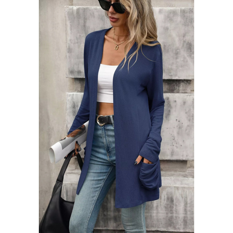 Ruched Pocket Open Front Cardigan Apparel and Accessories
