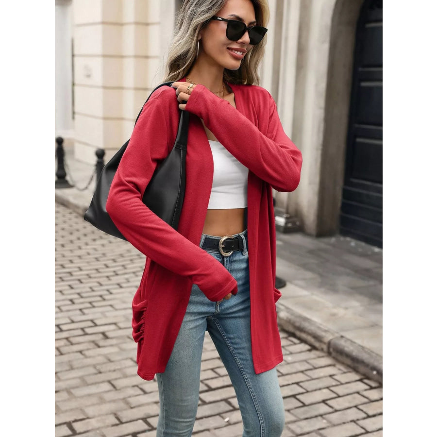 Ruched Pocket Open Front Cardigan Apparel and Accessories