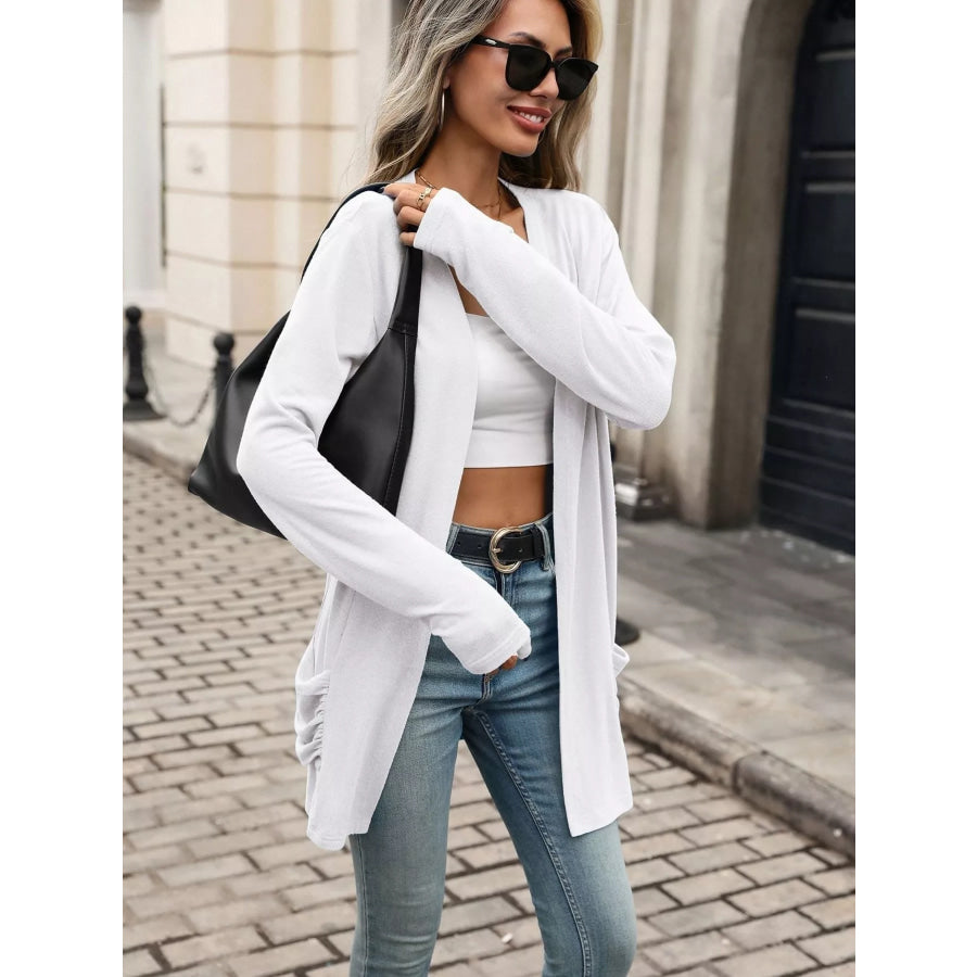 Ruched Pocket Open Front Cardigan Apparel and Accessories