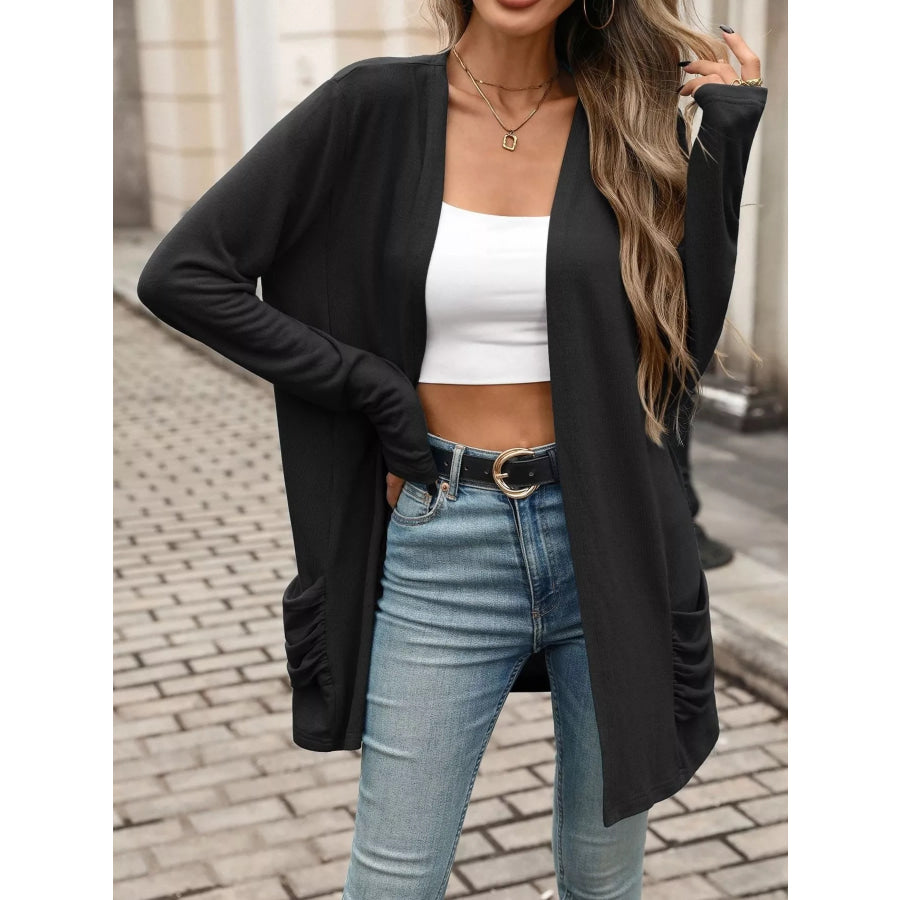 Ruched Pocket Open Front Cardigan Apparel and Accessories