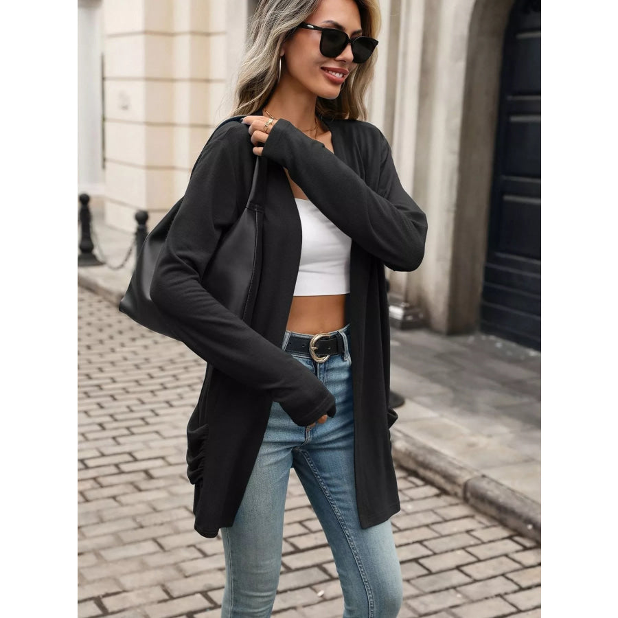 Ruched Pocket Open Front Cardigan Apparel and Accessories
