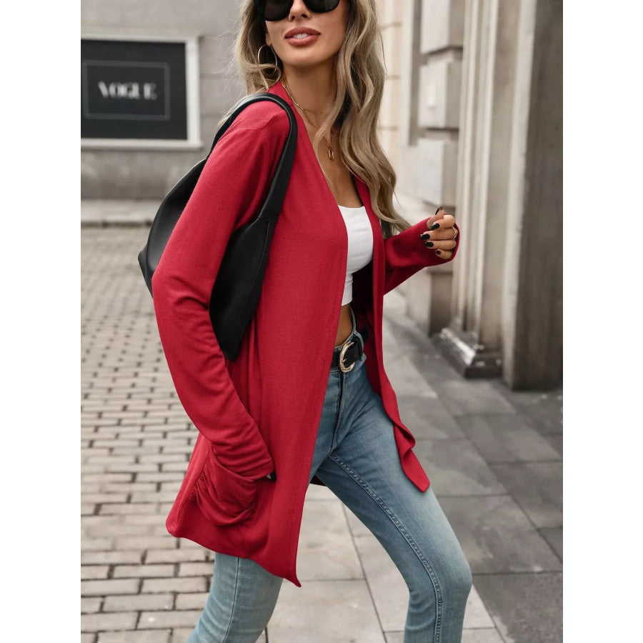 Ruched Pocket Open Front Cardigan Apparel and Accessories