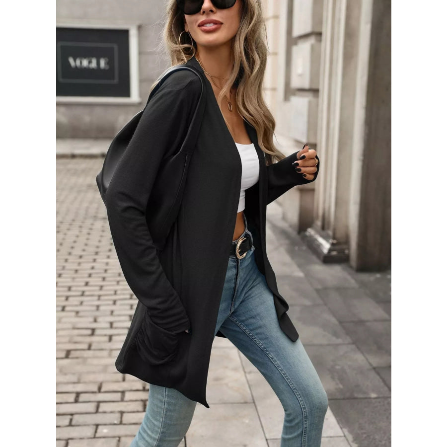 Ruched Pocket Open Front Cardigan Apparel and Accessories
