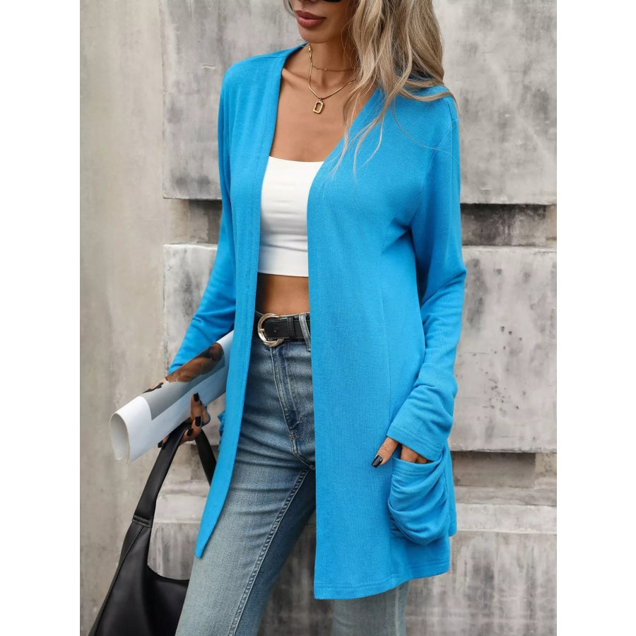 Ruched Pocket Open Front Cardigan Apparel and Accessories