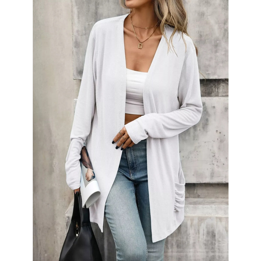 Ruched Pocket Open Front Cardigan Apparel and Accessories