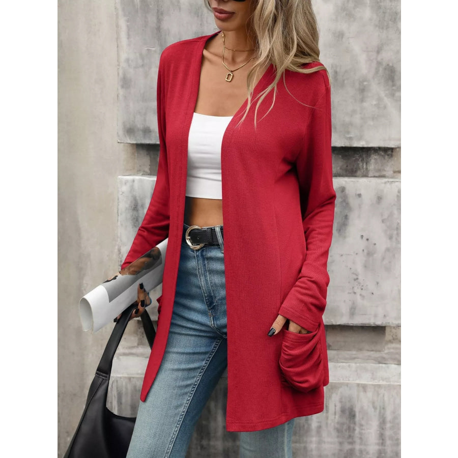 Ruched Pocket Open Front Cardigan Apparel and Accessories
