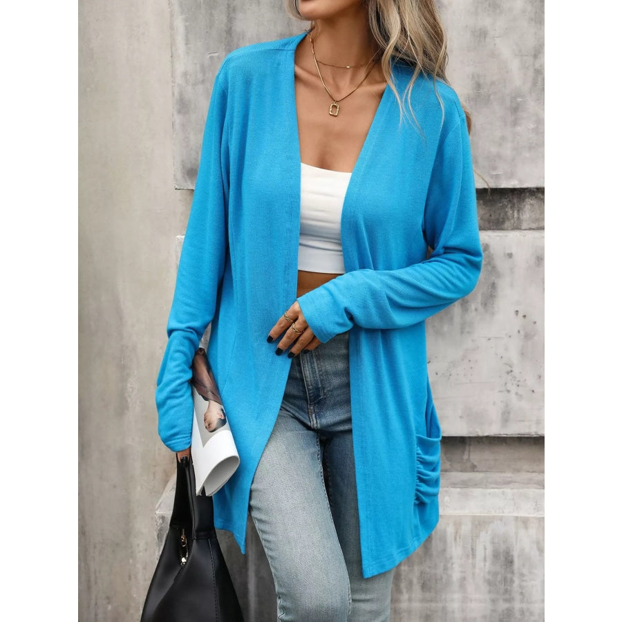 Ruched Pocket Open Front Cardigan Apparel and Accessories
