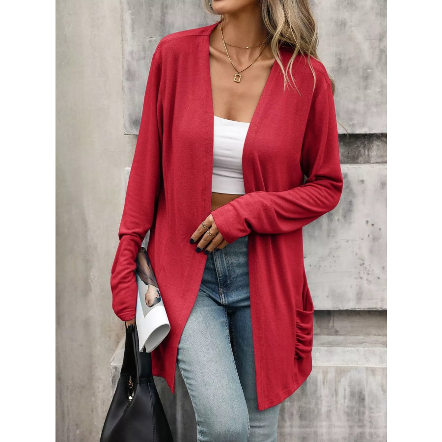 Ruched Pocket Open Front Cardigan Apparel and Accessories
