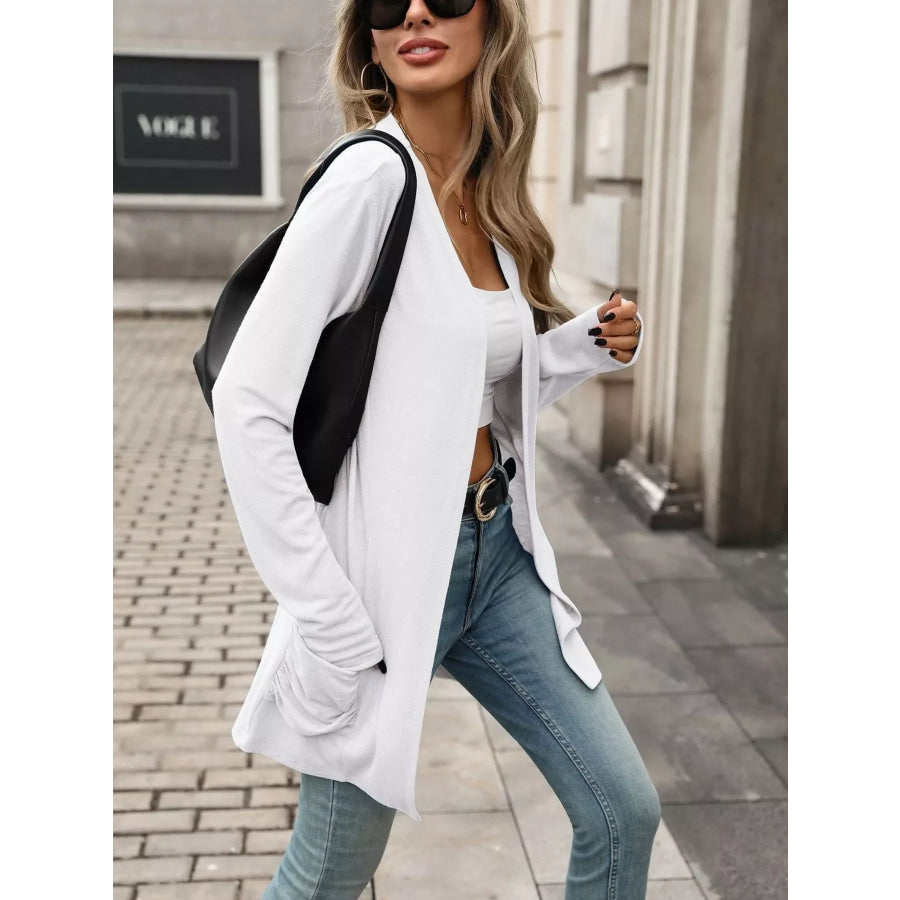 Ruched Pocket Open Front Cardigan Apparel and Accessories